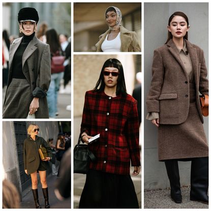 A multi-image collage of the country style trend at fashion week, featuring women wearing barn jackets, riding boots, trench coats, tartan, rain boots, and tweed blazers