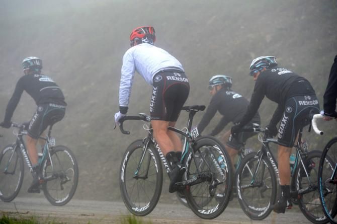 Mark Cavendish (Omega Pharma - Quick-Step) works his way up the Jafferau