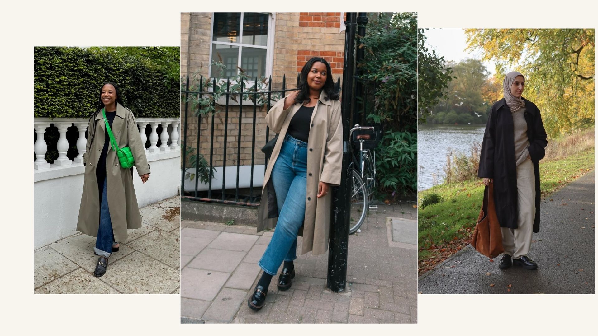 Influencers wearing trench coat and loafers