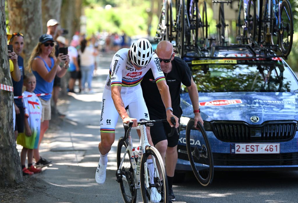 NICE FRANCE JULY 20 Mathieu van der Poel of Netherlands and Team Alpecin Deceuninck suffers a mechanical problem during the 111th Tour de France 2024 Stage 20 a 1328km stage from Nice to Col de la Couillole 1676m UCIWT on July 20 2024 in Nice France Photo by Dario BelingheriGetty Images