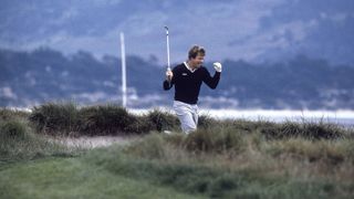 Tom Watson celebrates after chipping in for birdie on the 17th hole at Pebble Beach during the final round of the 1982 US Open en route to victory