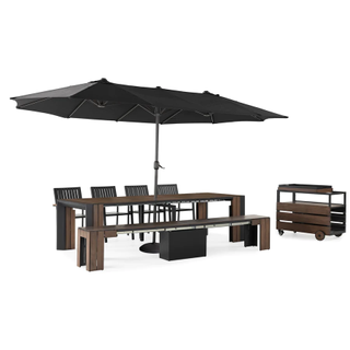 A large patio dining set with an umbrella and bar cart