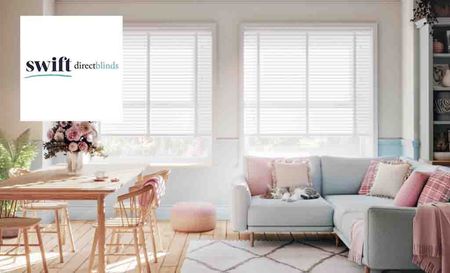 Swift Direct Blinds logo placed over an image of a brightly lit room with white blinds
