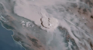 A still from a NOAA animation of a pyrocumulonimbus cloud over California that was shared on Sept. 6, 2020.