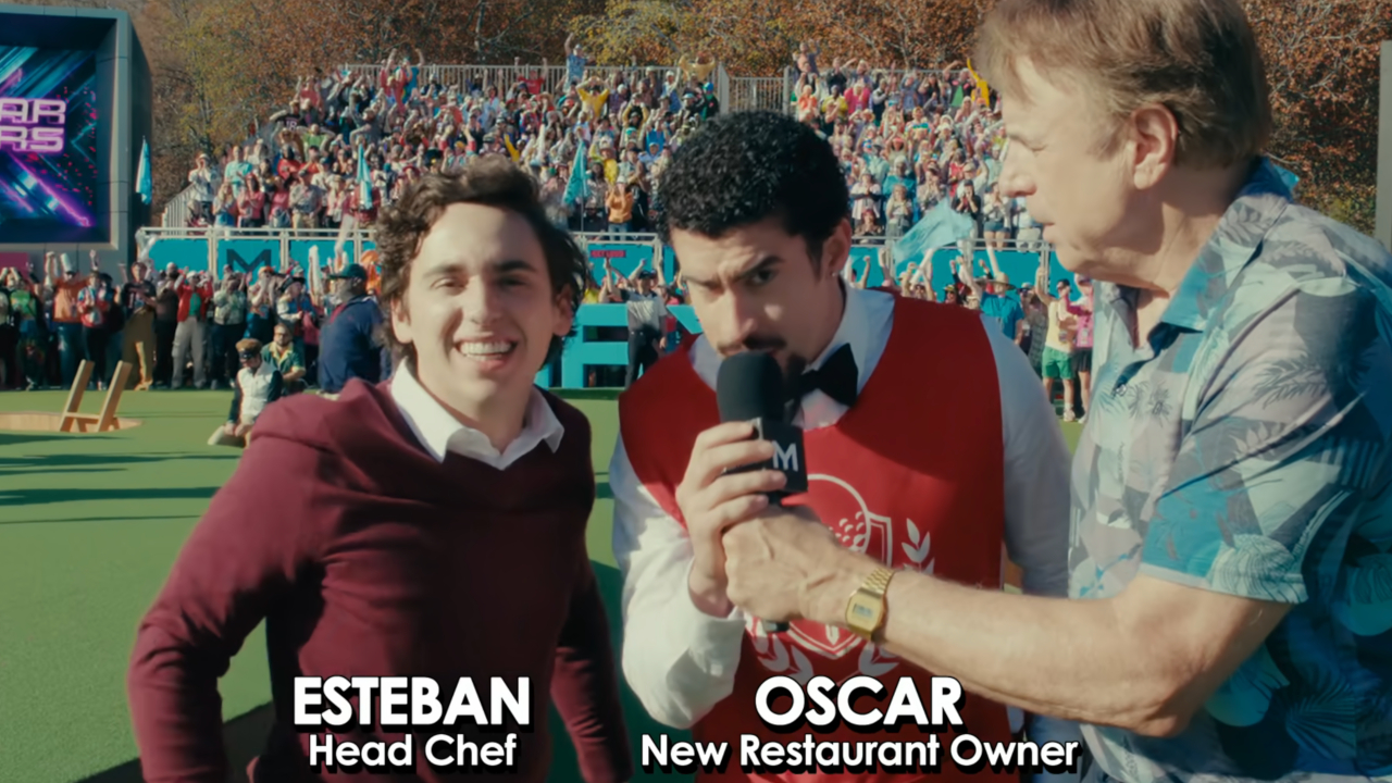 Kevin Nealon interviews a hyped Marcello Hernandez and Bad Bunny on the golf course in Happy Gilmore 2.