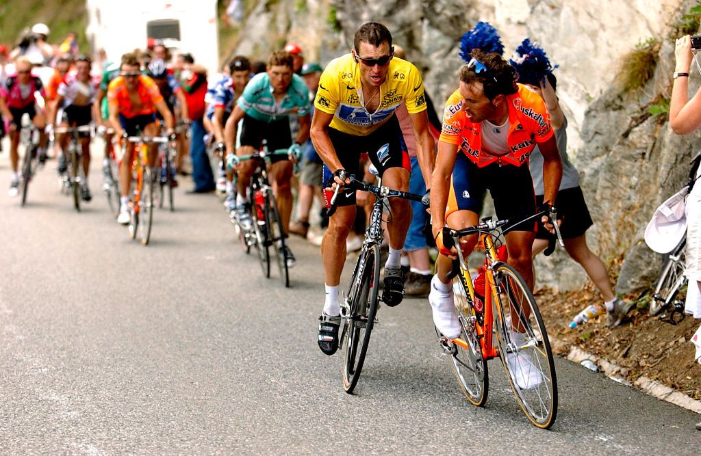 Cycling Tour De France Stage 15 Mayo Iban Armstrong Lance Maillot Jaune Yellow Jersey Gele Trui Ullrich Jan BagneresDeBigorre LuzArdiden Ronde Van Frankrijk 2003 100 Ans Jaar Year Tdf Etape Rit Photo by Tim De WaeleGetty Images
