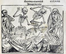 The Black Death was a devastating medieval epidemic during which 50-60% of the people in Europe. This illustration depicts the diseased: Skeletons are rising from the dead for the dance of death.