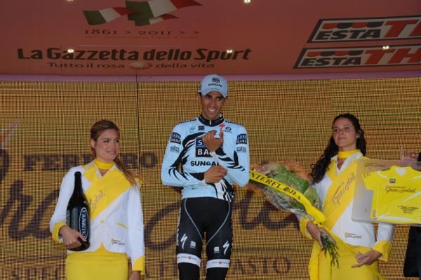 Alberto Contador (Saxo Bank) on the podium after winning stage 9 of the Giro d'Italia