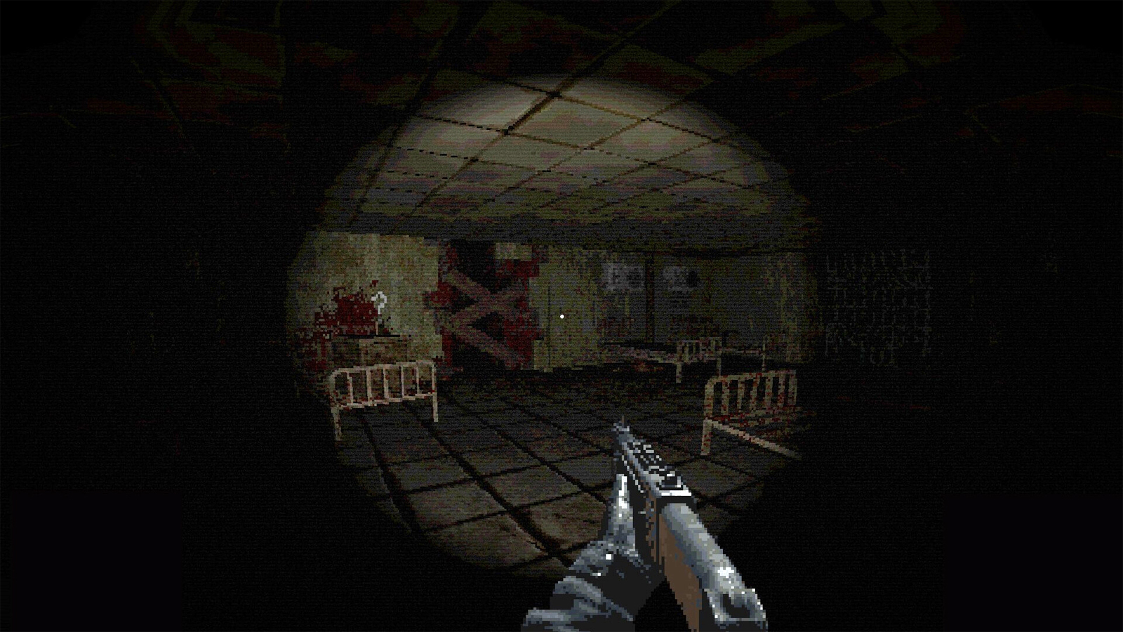 A PS1 inspired game with retro 3D graphics, shows a shotgun and torch lighting a dark room