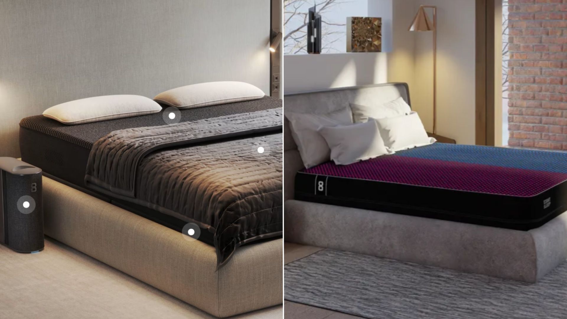 Eight Sleep Pod 5 Ultra+ smart mattress cover and blanket on bed (left) Eight Sleep Pod 4 smart mattress cover with dual temperature control on bed (right)