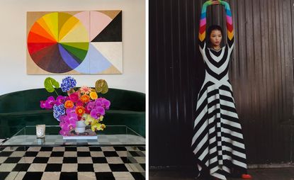 Left, the designer’s studio featuring a colourful plant displayed on a glass table with a green sofa in the background. Right, a model posing in an outfitt from Rogers’ Resort 2023 collection. 
