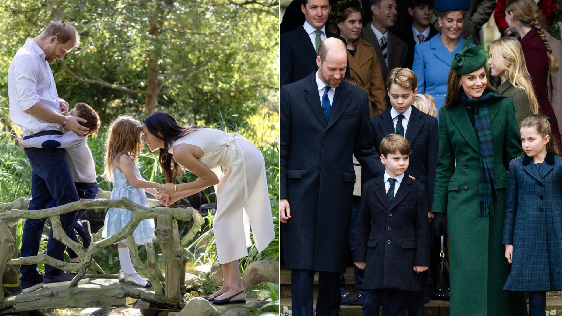 Prince Harry and Meghan Markle pose with their children, Prince Archie and Princess Lilibet, for their 2025 Christmas card while Prince William and Princess Kate leave church with their three children, Prince George, Princess Charlotte, and Prince Louis