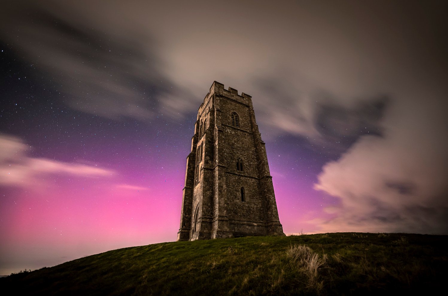 Aurora photographed at Glastonbury Tor in Somerset, England, September 2023