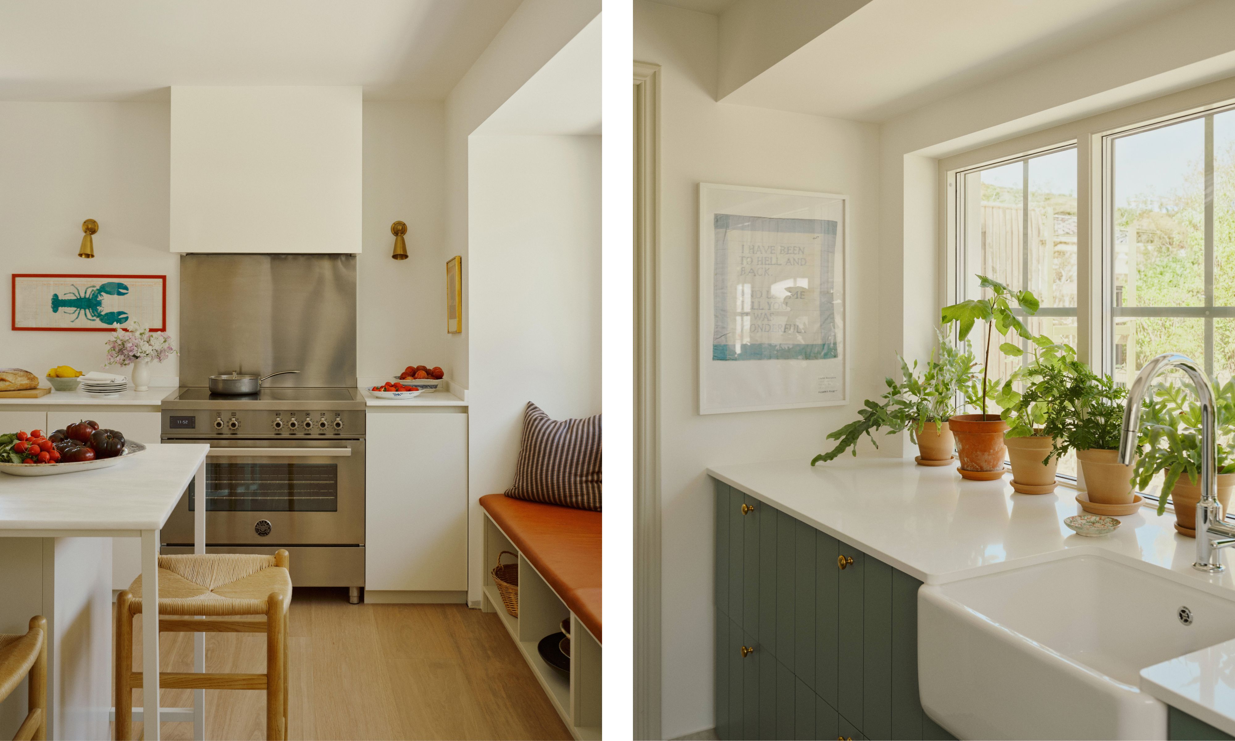 two side by side images of a Swedish summer house kitchen with stainless steel oven and green painted sink area