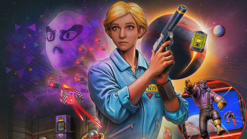 Skin Deep official key art, featuring Nina Pasadena clutching a pistol like an action hero in a movie poster style collage image with sci-fi trappings around her 