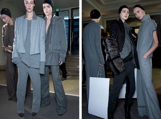 2 shots of female models wearing all grey clothing