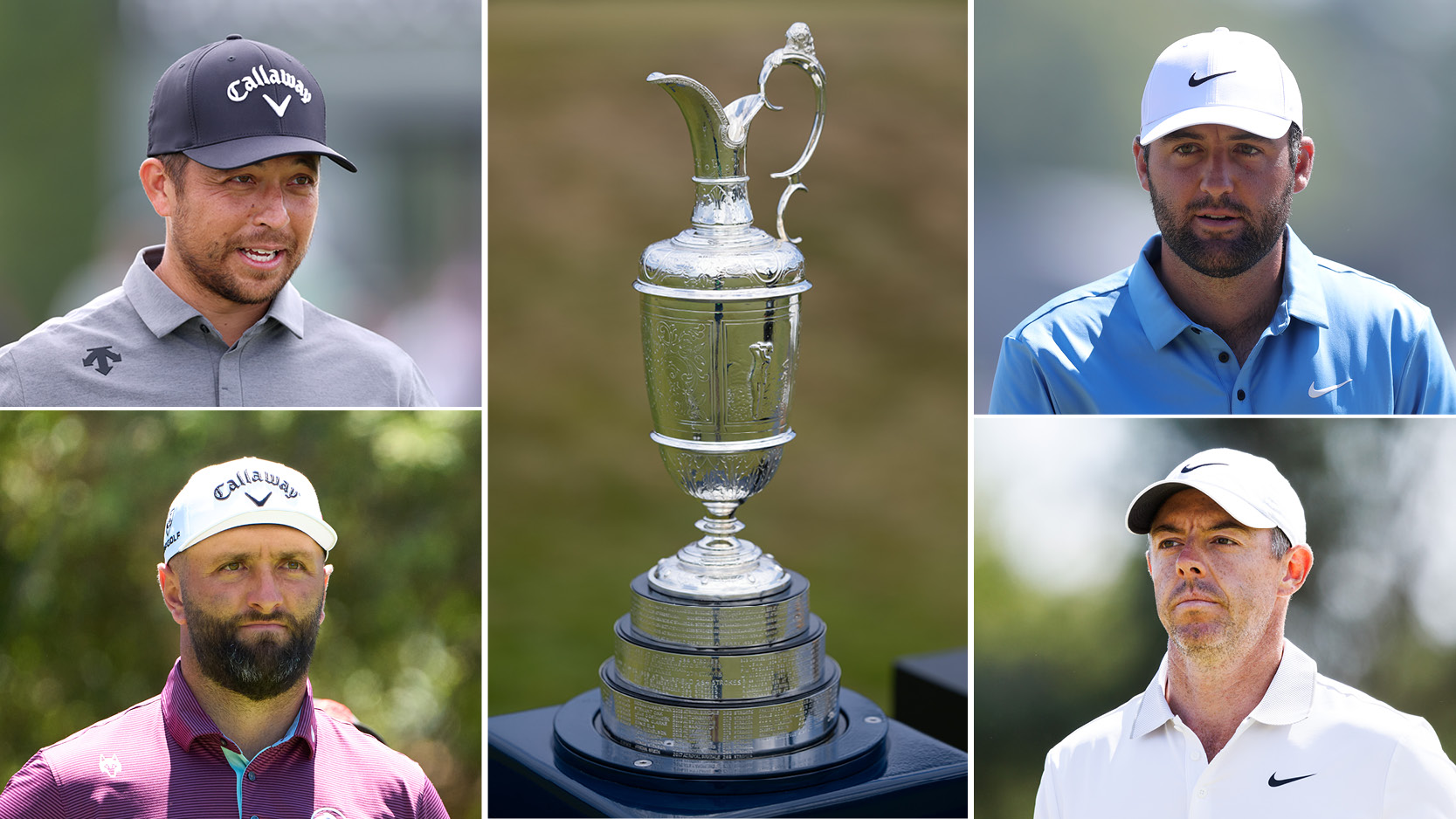 The Claret Jug (middle) in between headshots of Xander Schauffele (top left), Jon Rahm (bottom left), Scottie Scheffler (top right) and Rory McIlroy (bottom right)