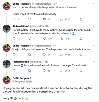 Screenshots of Twitter exchange between Eddie Pepperell and Richard Bland