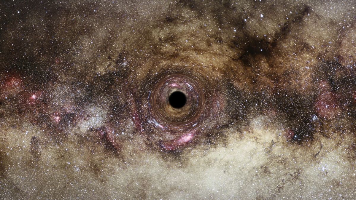 Artist&#039;s rendering of a wandering black hole. Int he center there is a black circle and surrounding it the galaxy swirl of stars warp around it.