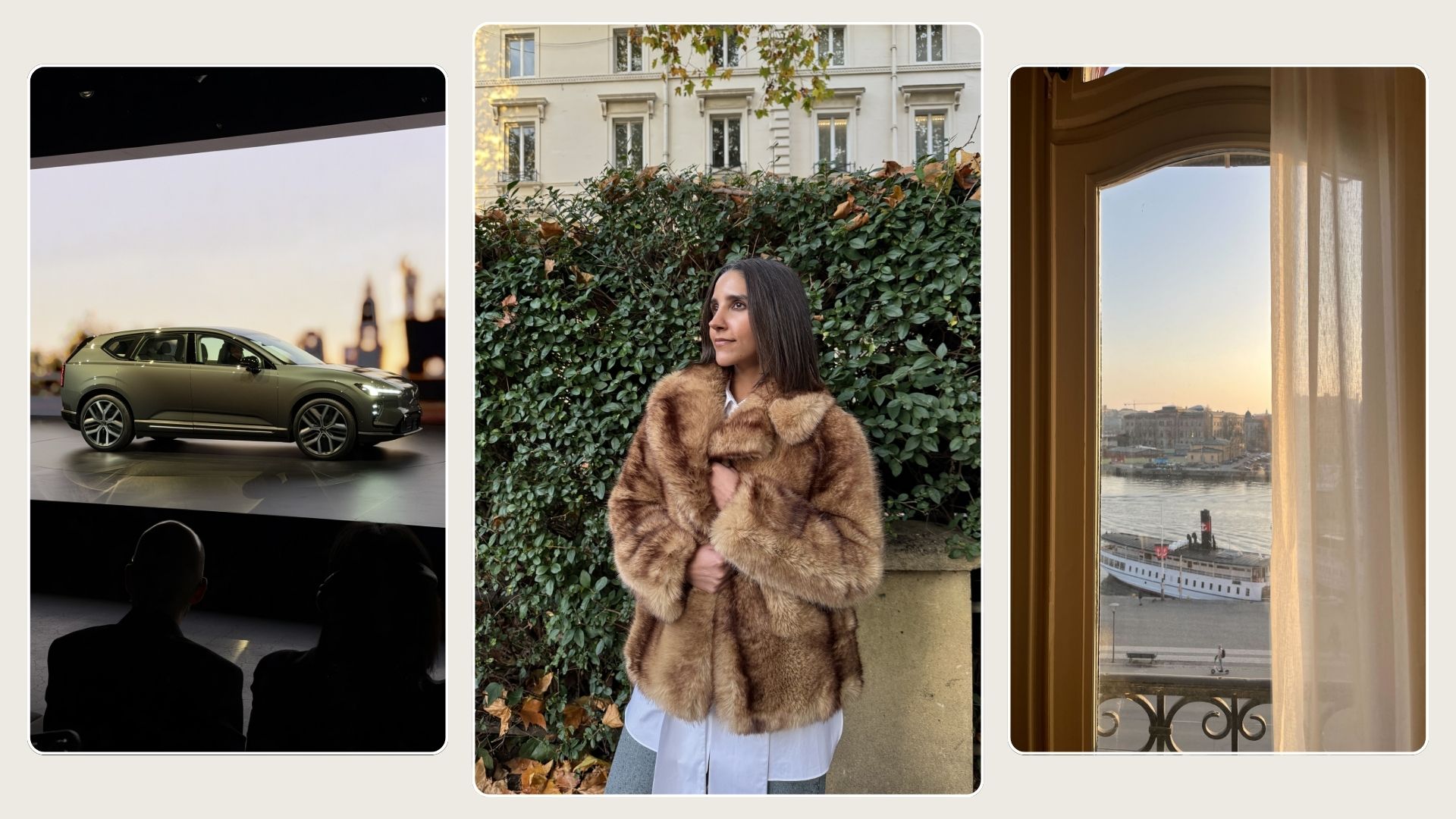 collage of Stockholm imagery - with a volvo car, outfit pic and window view.