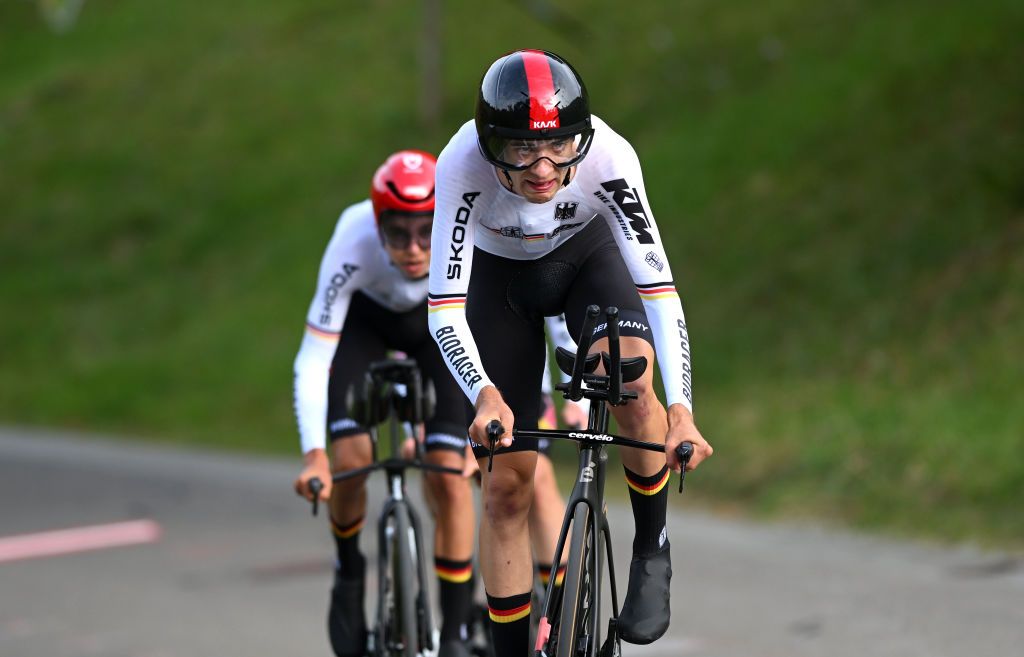 ZURICH SWITZERLAND SEPTEMBER 25 Marco Brenner of Team Germany sprints during the 97th UCI Cycling World Championships Zurich 2024 Mixed Relay Team Time Trial a 537km one day race from Zurich to Zurich on September 25 2024 in Zurich Switzerland Photo by Dario BelingheriGetty Images