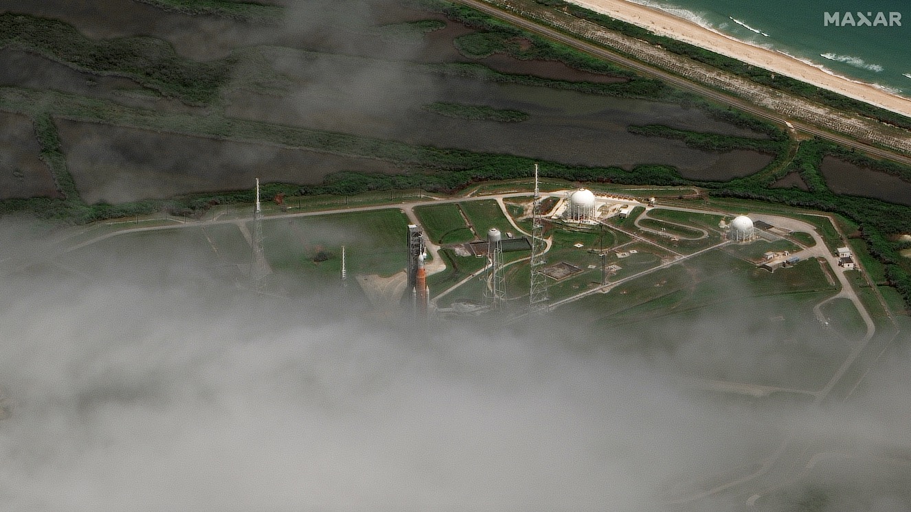 An oblique view of the Artemis 1 stack on the launch pad captured by Maxar Technologies' WorldView-3 satellite on Aug. 25, 2022. The satellite was south of Cuba when it snapped this photo.