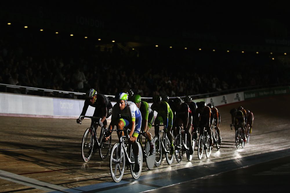 Adam Blythe of Great Britain and the Orica-GreenEdge team leads the bunch in the Elimination race round of the 1878 Cup during day one of the London Six Day Race