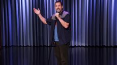 Comedian Adam Sandler sings a song on "The Tonight Show Starring Jimmy Fallon" in February 2019