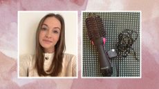 Collage of photos including an image of Beauty Writer, Annie Milroy smiling and an image of the Revlon One-Step Volumiser, on a pink watercolour background