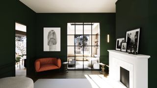 Living room with green walls and a white marble fireplace
