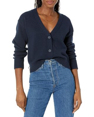 Amazon Essentials Women's Relaxed Fit V-Neck Cropped Cardigan, Navy, Large