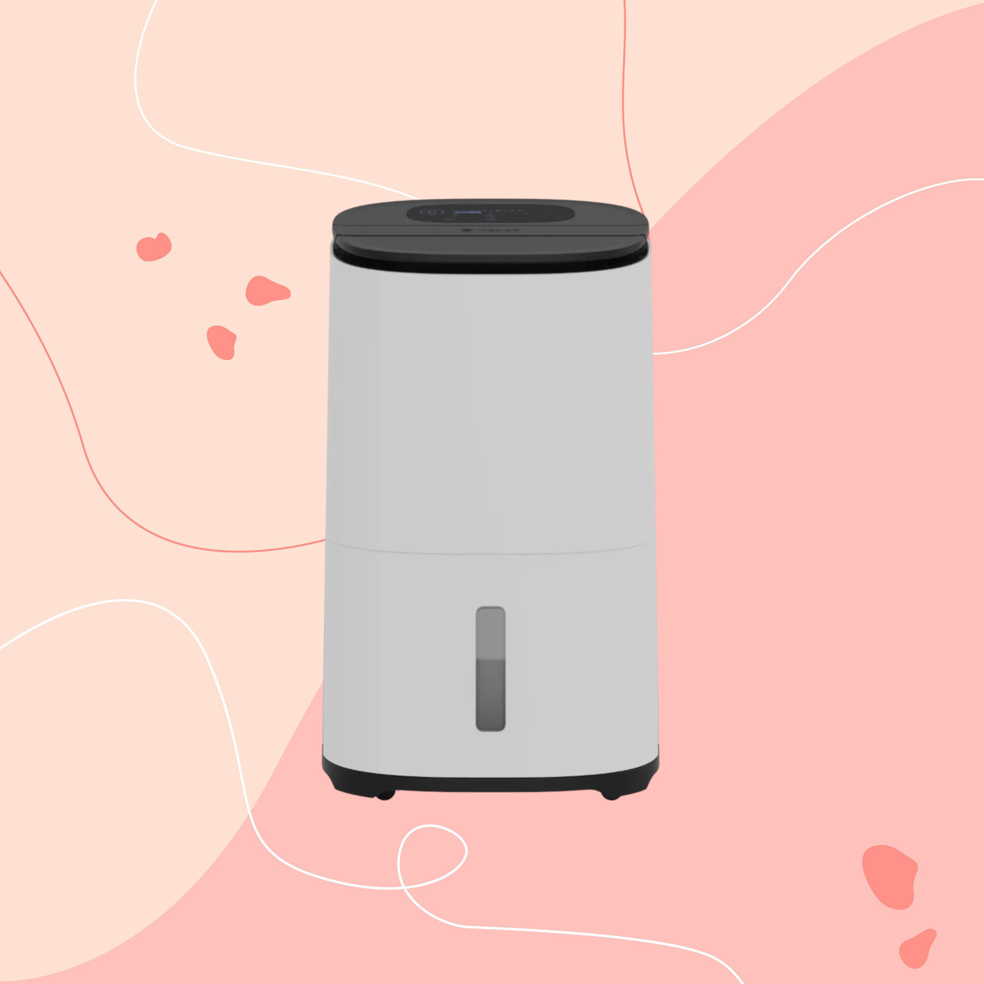 meaco arete two 20L dehumidifier on a pink graphic background