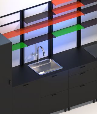 black shelves on kitchen unit