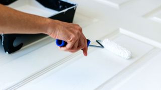 Person using a 4-inch roller to paint panel door