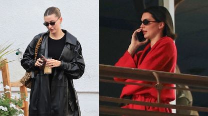 a split collage of Kendall Jenner and Hailey Bieber wearing the same items