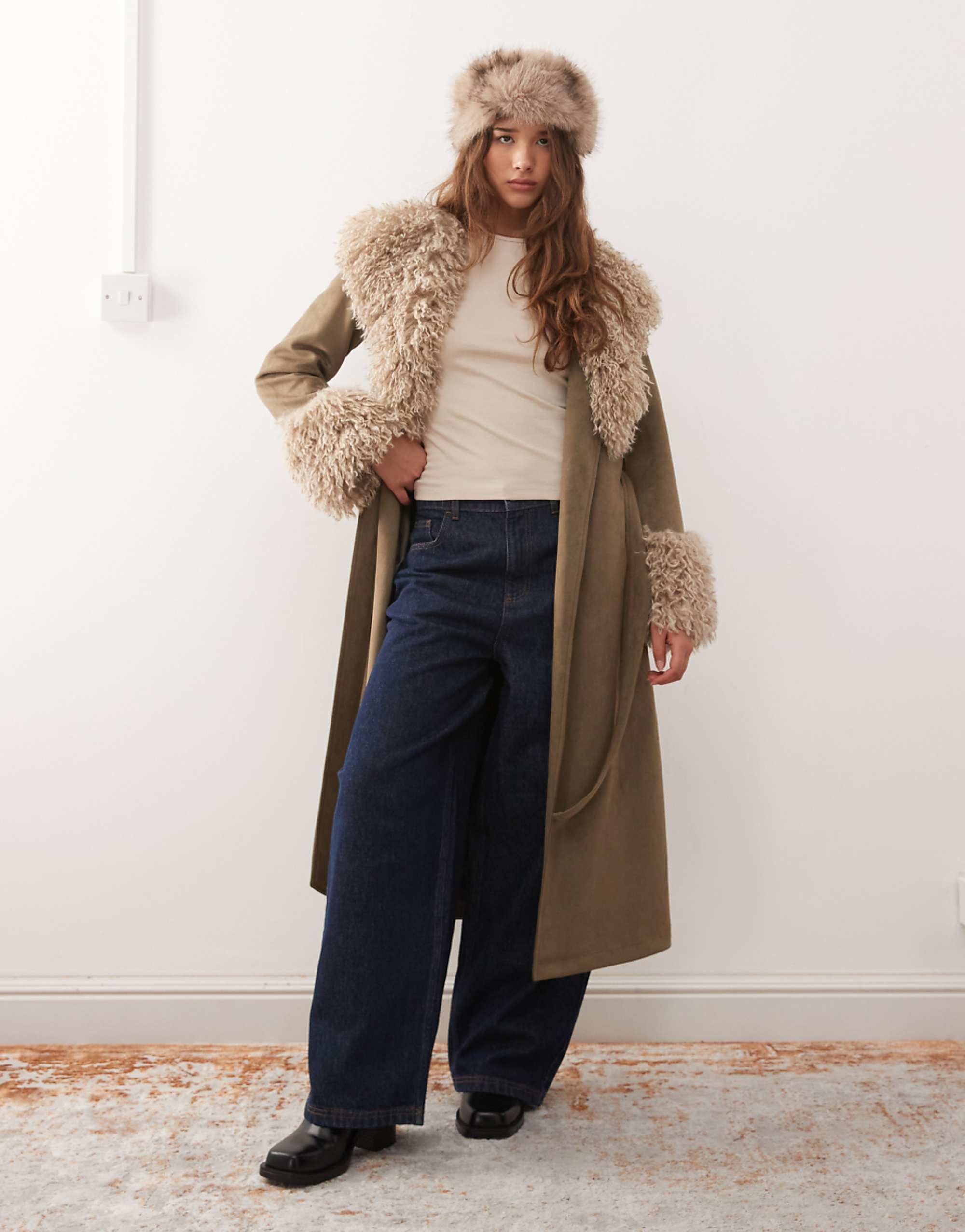 Reclaimed Vintage Longline Suede Look Trench Coat With Faux Fur Collar and Cuffs in Khaki