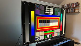 Test pattern displayed on TV screen in living room