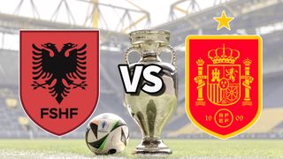 The Albania and Spain club badges on top of a photo of the Euro 2024 trophy and match ball