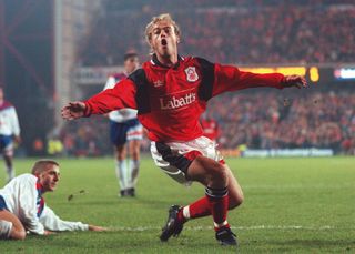 Paul McGregor celebrates after scoring for Nottingham Forest vs Lyon in the UEFA Cup on 21 November 1995