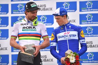 Peter Sagan (winner) and Niki Terpstra (third) on the podium at Paris-Roubaix