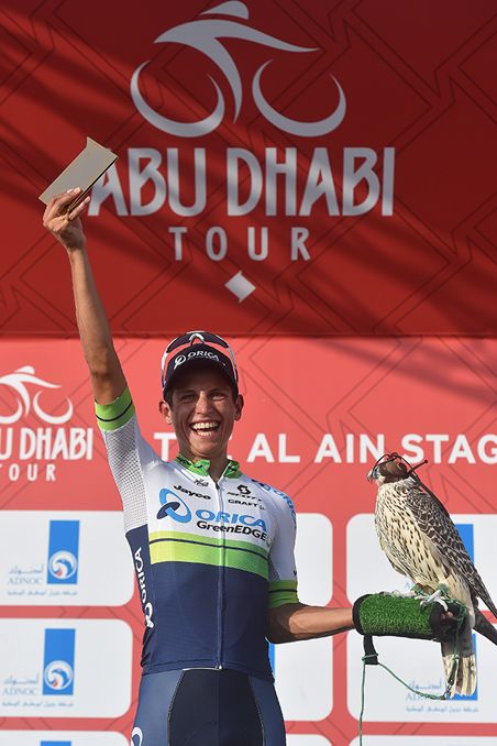 Esteban Chaves (Orica GreenEdge) on the podium after his win