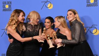 Big Little Lies stars Reese Witherspoon, Nicole Kidman, Laura Dern, Zoe Kravitz and Shailene Woodley pose with their Golden Globe awards