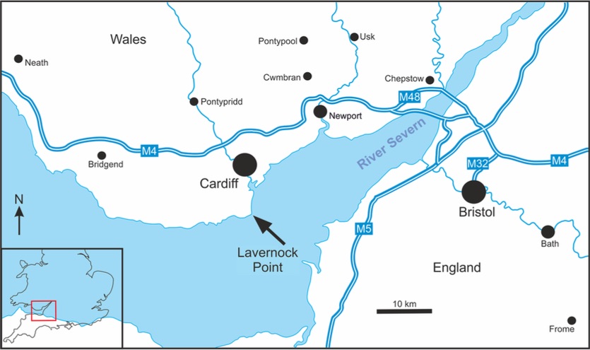 A map highlighting Lavernock Point, located on the Welsh side of the Severn Estuary, where the brothers found the dinosaur fossils.
