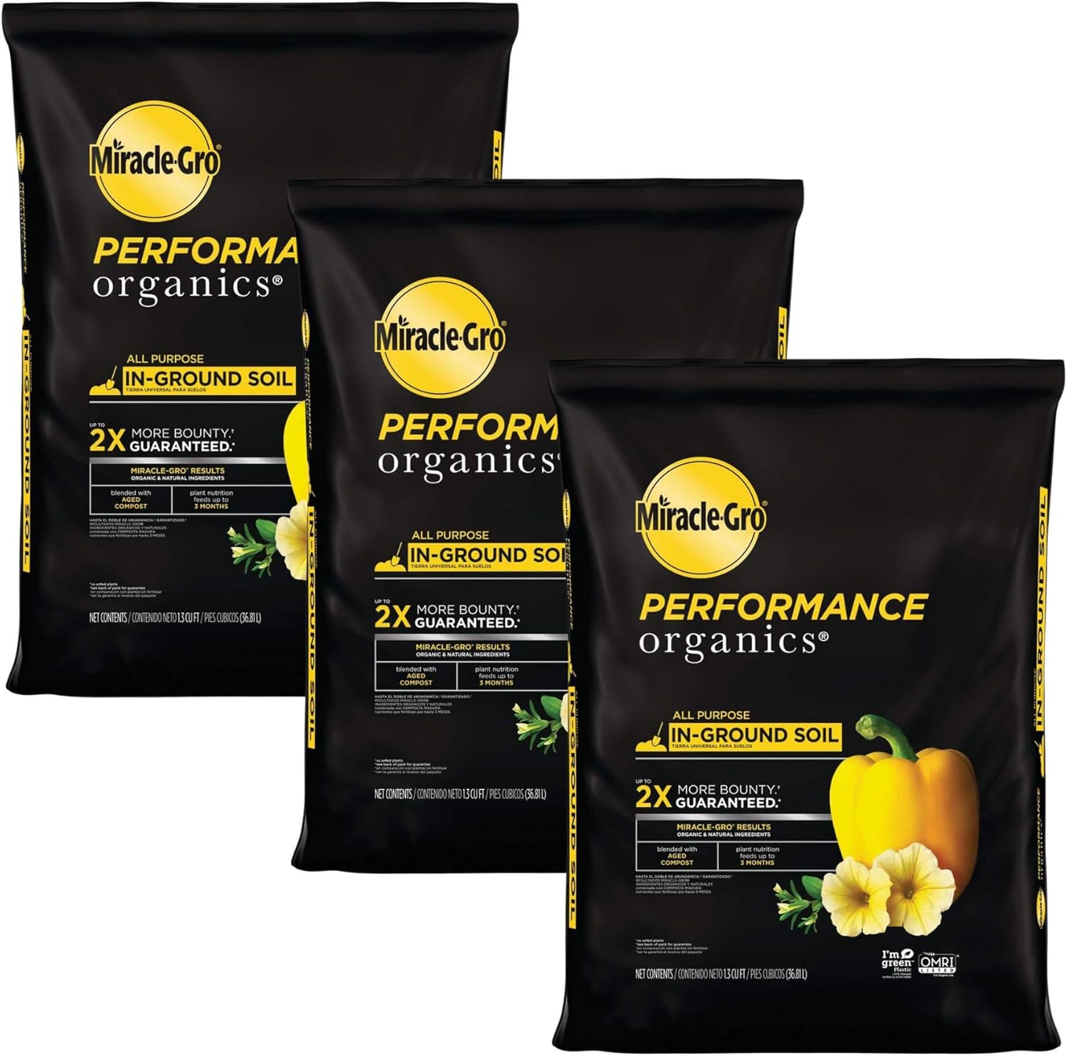 Miracle-Gro 3 Pack Performance Organics All Purpose In-Ground Garden Soil With Organic and Natural Ingredients, Feeds Vegetables, Flowers and Herbs for Up to 3 Months, 1.3 Cu. Ft.