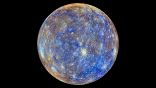 Mercury covered with craters against the black backdrop of space.