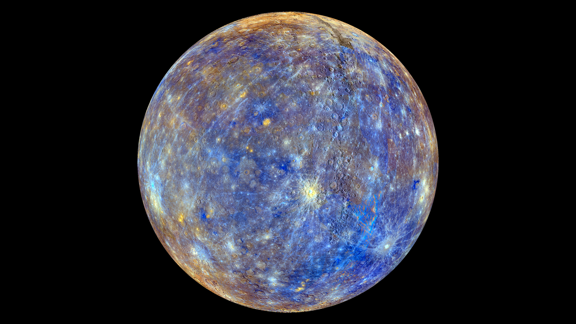 View of Mercury covered in craters. The planet appears blue and more yellow towards the poles.