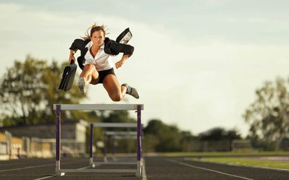 A speedy businesswoman flies over the business competition. Nothing will slow her down.