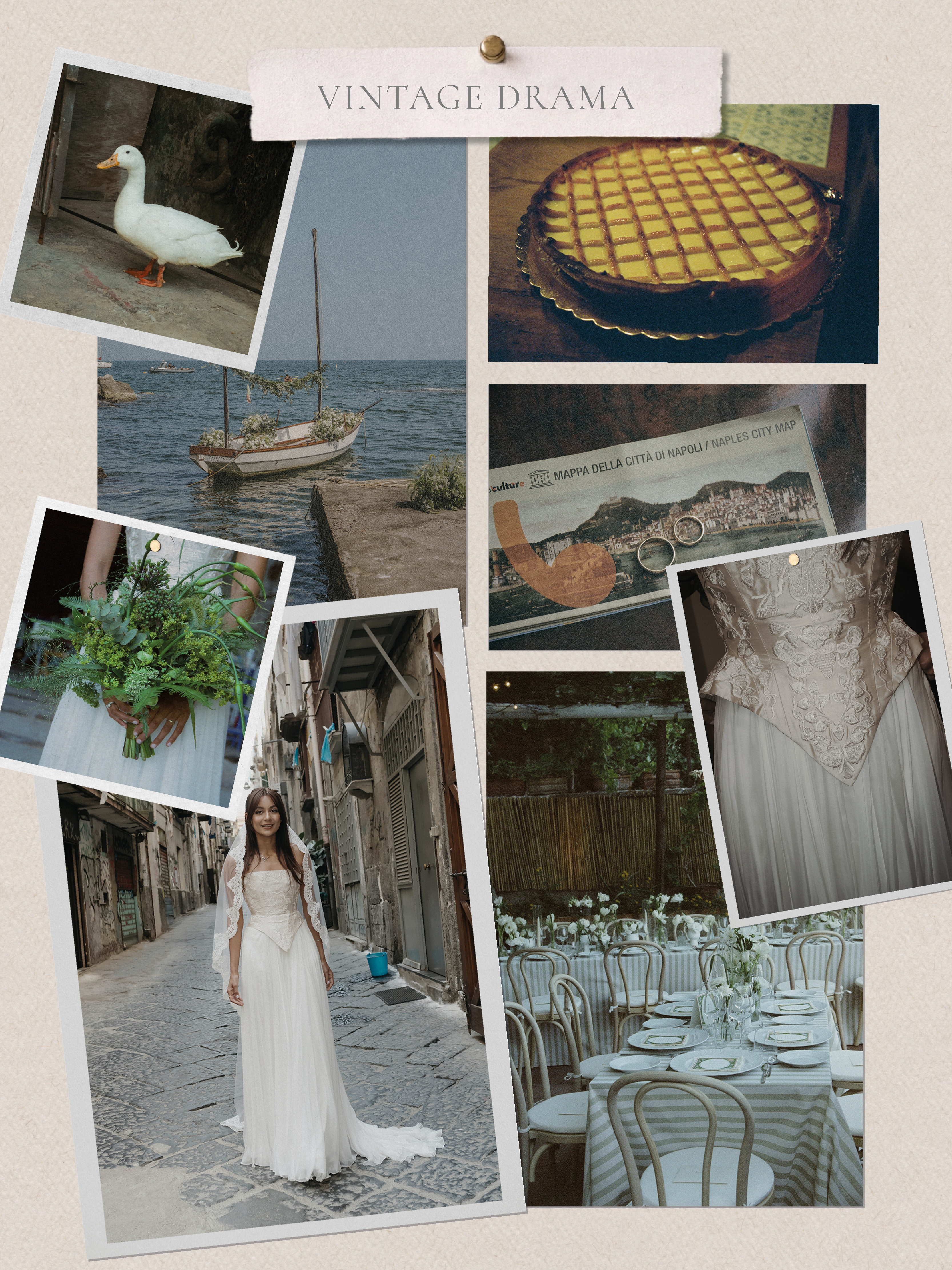 a moodboard of a vintage drama trend wedding