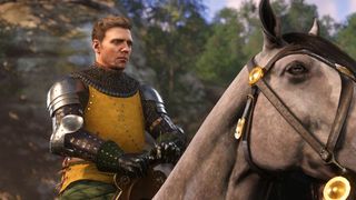 Henry rides a horse in a verdant forest area