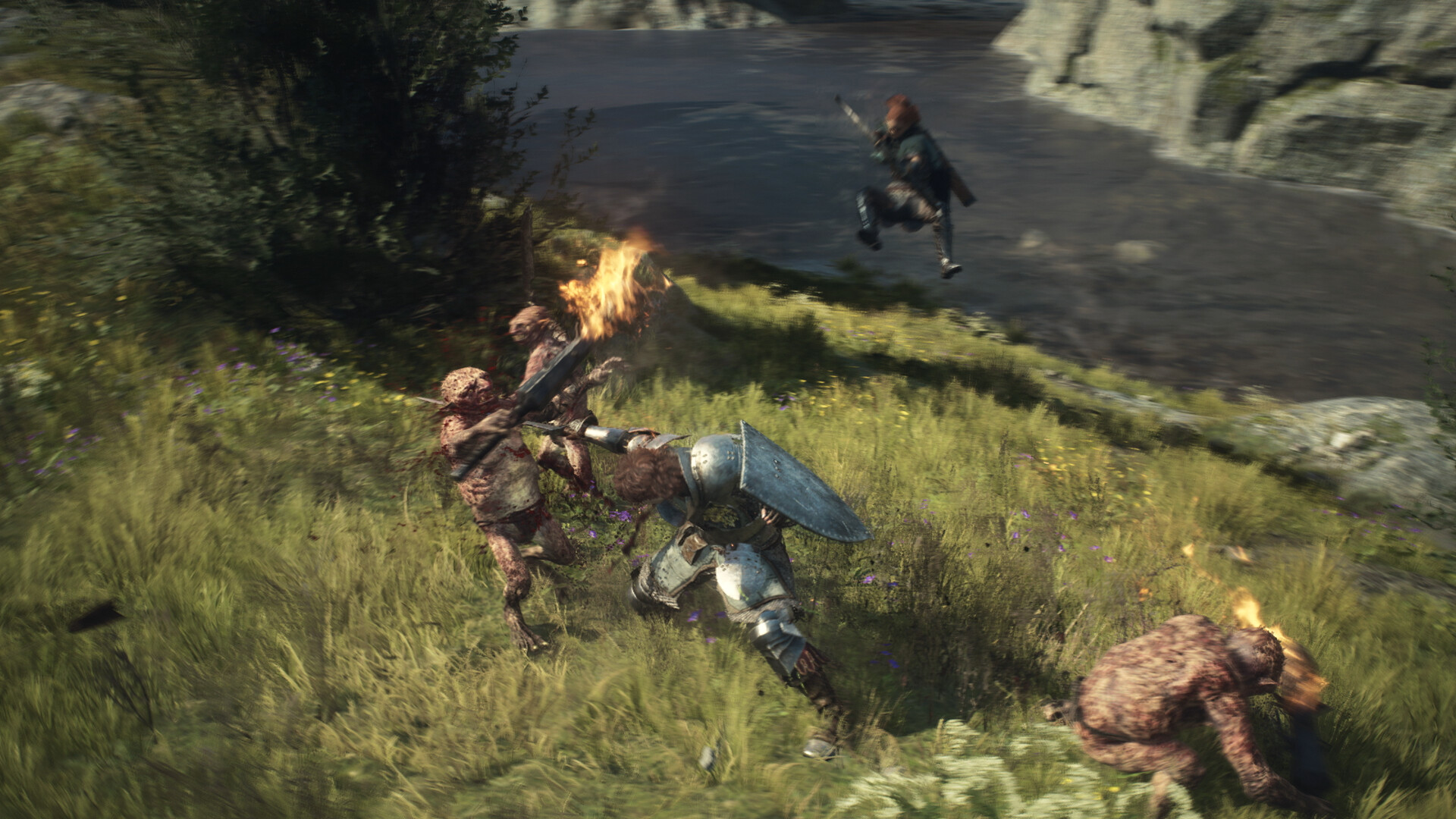 In Dragon's Dogma 2, the Arisen player character clad in armor fight goblin-like creatures in a vast open, forest area